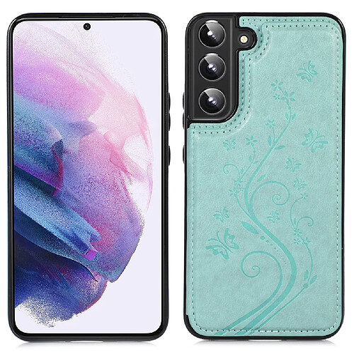 Coque en TPU + PU motif fleur, deux boutons magnétiques avec béquille et porte-cartes bleu ciel pour votre Samsung Galaxy S22 5G