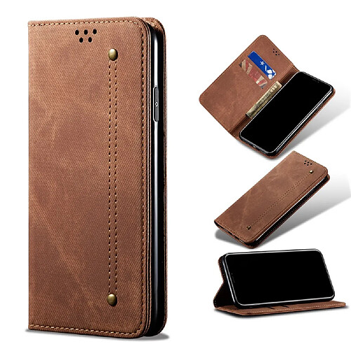 Etui en PU tissu de jeans avec support marron pour votre Xiaomi Mi Note 10 Lite