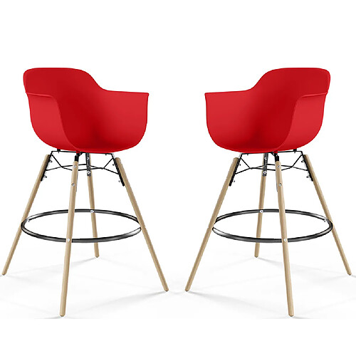 ICONIK INTERIOR Tabouret de Bar - Design Scandinave - Pieds en Bois - Lot de 2 - Nordika Rouge