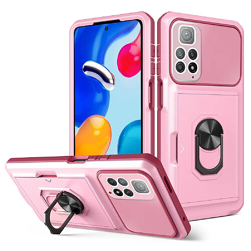 Coque en TPU + acrylique avec béquille en anneau et porte-carte, rose/rouge vin pour votre Xiaomi Redmi Note 11 4G (Qualcomm)/Redmi Note 11S 4G