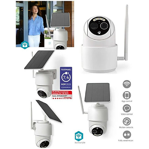 NEDIS Caméra surveillance extérieure motorisé Wi-Fi Full HD 1080p Inclinaison du panoramique IP65 Durée Accu 5 Mois microSD (non inclus) +