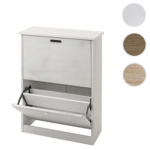 Mendler Meuble à chaussures HWC-K45, armoire à chaussures, 81x60x25cm 2 abattants, MDF en paulownia ~ blanc shabby