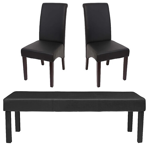 Mendler Ensemble de salle à manger M37 ~ banc + 2x chaise, similicuir ~ 120x43x49 cm noir, pieds foncés