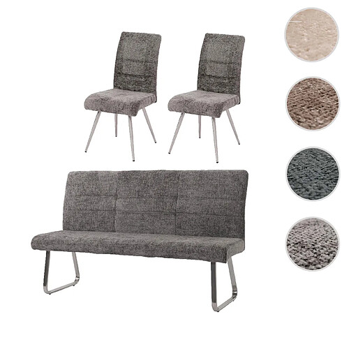 Mendler Set de salle à manger HWC-G55, set de 2 chaises + banc 180cm, inox brossé tissu/textile chenille ~ gris foncé