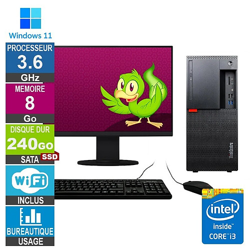 Lenovo M920t i3-8100 3.60GHz 8Go/240Go SSD Wifi W11 + Ecran 22 · Reconditionné