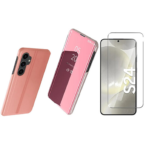 Coque Folio Rabat Miroir Pour Samsung Galaxy S24 Couleur Rose + Verre Trempe Protection Ecran Little Boutik©