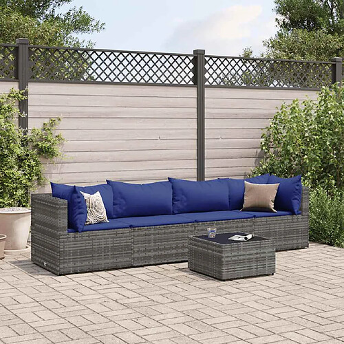 vidaXL Salon de jardin 5 pcs avec coussins Gris Résine tressée