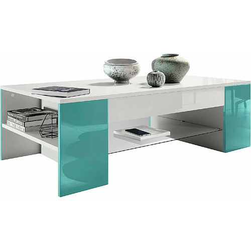 Mpc Table De Salon Blanc Mat Et Turquoise Haute Brillance (118 X 37 X 60 Cm)