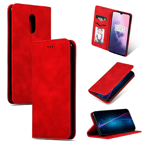 Wewoo Housse Coque Etui en cuir avec rabat horizontal magnétique Business Skin Feel pour OnePlus 7 rouge