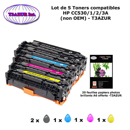 5 Toners génériques HP CC530,1,2,3A ,HP 304A pour HP CM 2320, 2320 mfp+ 10f papiers photos A6 -T3AZUR