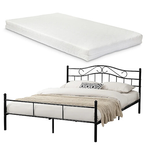 Cadre De Lit Double Florenz avec matelas 180 x 200 cm Noir [en.casa]