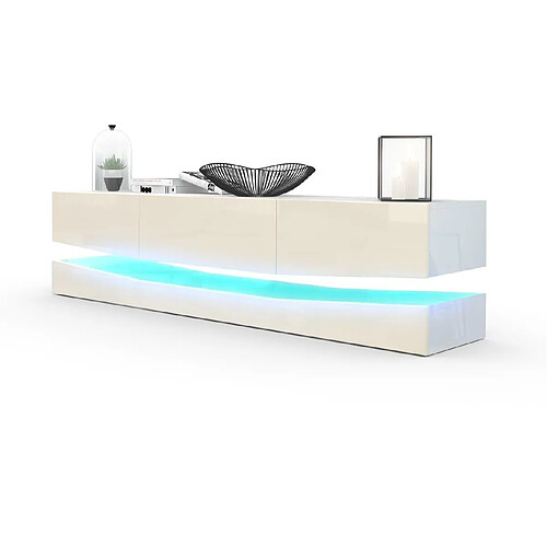 Mpc Meuble TV Avec Socle Blanc et crème Haute Brillance, Éclairage LED Inclus (178 X Variable X 39 Cm)