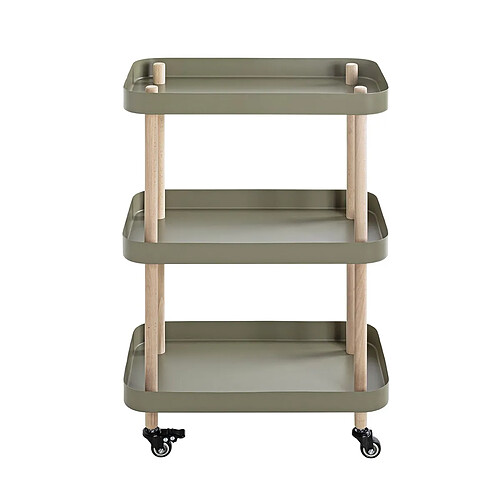 Pegane Chariot de service, desserte en bois coloris naturel et métal vert -longueur 50 x profondeur 30 x hauteur 76 cm