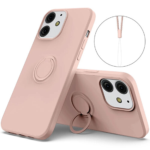 Coque en silicone avec béquille à anneau réglable et sangle rose pour votre Apple iPhone 13 6.1 pouces