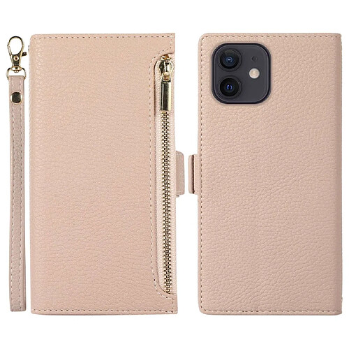 Etui en PU texture litchi avec support, pochette à fermeture éclair et sangle pour votre iPhone 12/12 Pro 6.1 pouces - abricot