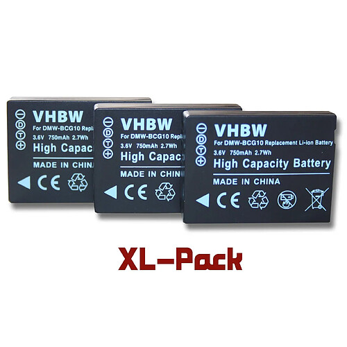 vhbw set de 3 batteries 750mAh pour appareil-photo Panasonic Lumix FMC-ZX1, DMC-ZX3, DMC-3D1, DMC-TZ36 remplace DMW-BCG10 / DMW-BCG10E