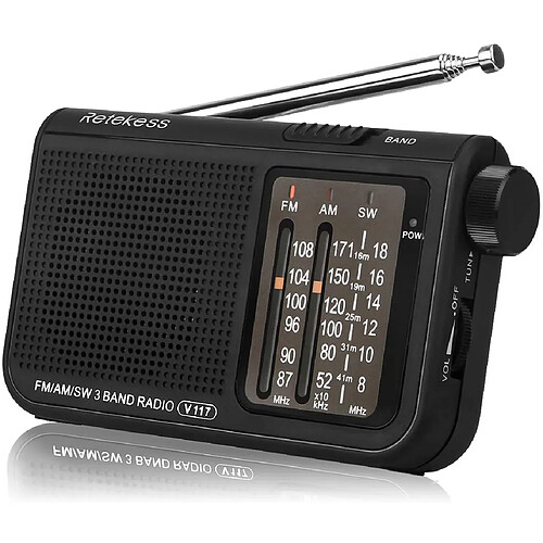 RETEKESS radio portable FM AM ondes courtes avec bouton de réglage cylindrique noir