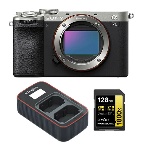 Sony Alpha A7C II Caméra Silver (Multi-Language)+Lexar 128GB Professional 1800x UHS-II SDXC Memory Card + Kingma Sony NP-FZ100 LCD Dual USB charger