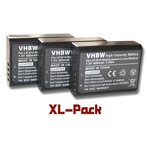 Vhbw 3 x batterie Li-Ion 800mAh (7.2 V) pour Canon EOS 1200D, 1100D, 1100 remplace la batterie originale : LP-E10.