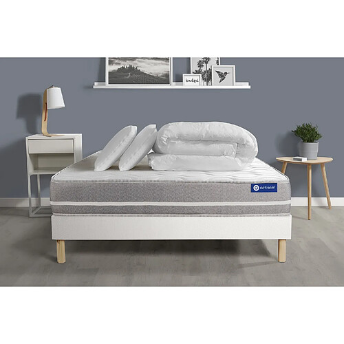 ACTISOM Pack prêt à dormir matelas Ressorts ensachés ACTIFLEX TOUCH 140x190 3zones confort + sommier KIT blanc + 2 oreillers +couette