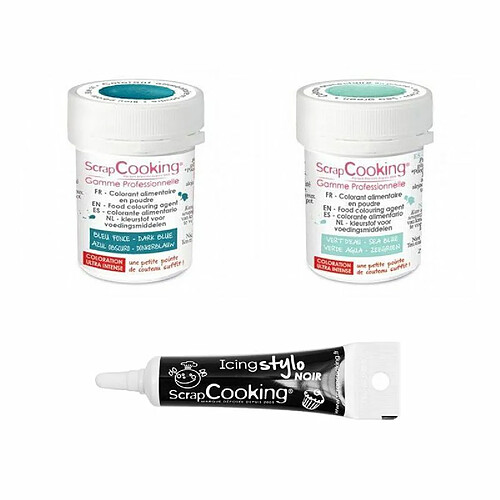 Scrapcooking 2 colorants alimentaires bleu foncé-vert d'eau + Stylo glaçage noir