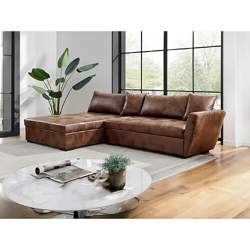 Vente-Unique Canapé d'angle gauche convertible en microfibre vieillie marron ROMANE II