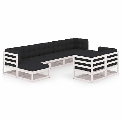 Maison Chic Salon de jardin 9 pcs + coussins - Mobilier/Meubles de jardin - Table et chaises d'extérieur Blanc Bois de pin massif -MN84853