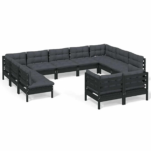 Maison Chic Salon de jardin 11pcs + coussins - Mobilier/Meubles de jardin - Table et chaises d'extérieur Noir Bois de pin massif -MN69827