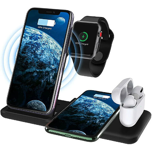 Chrono Chargeur sans fil, station de charge rapide sans fil 4 en 1 compatible avec plusieurs appareils Certifié Qi Charge rapide largement compatible pour téléphone, montre et casque de charge sans fil,(noir)