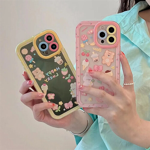 GUPBOO Étui pour iPhone12 Thé au lait bonbons ours et lapin dessin animé étui pour téléphone portable silicone transparent