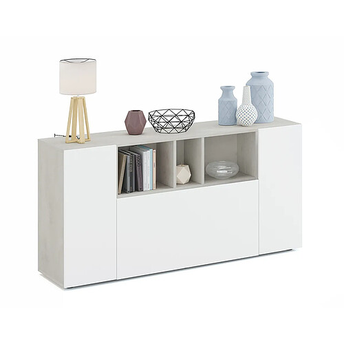 Pegane Buffet meuble de rangement avec 3 portes coloris Béton / blanc artic - Longueur 150 x Hauteur 76 x Profondeur 41 cm