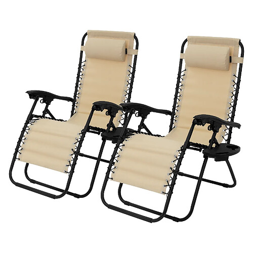 ML-Design 2x Chaise longue bain de soleil en acier beige avec appui-tête et porte-boisson