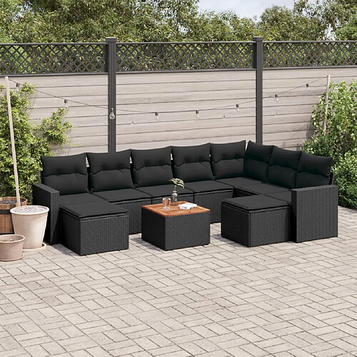 vidaXL Salon de jardin 10 pcs avec coussins noir résine tressée