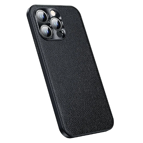 Coque en TPU + cuir véritable anti-chute, texture litchi pour votre iPhone 14 Pro Max - noir