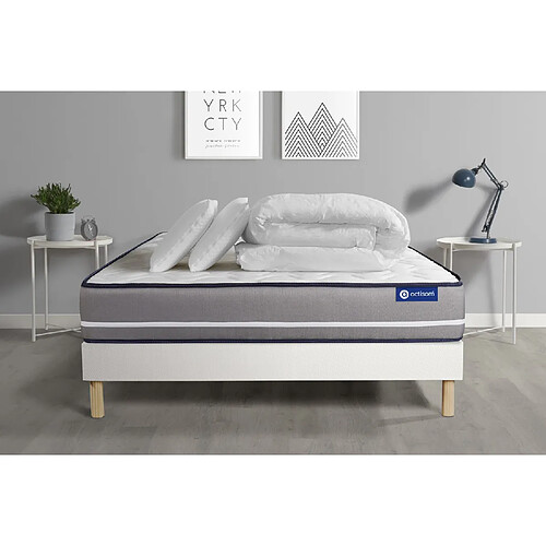 ACTISOM Pack prêt à dormir matelas à mémoire ACTIMEMO PUR 200x200cm 3zones de confort + sommier KIT blanc + 2 oreillers + couette