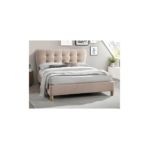 Vente-Unique Lit 140 x 190 cm avec tête de lit capitonnée - Tissu - Beige + Matelas - ELIDE