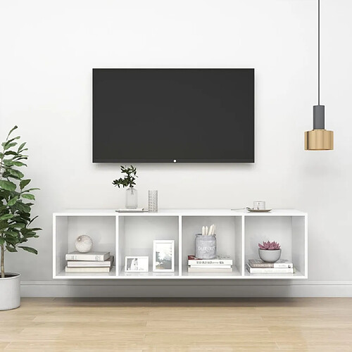 Maison Chic Meuble TV scandinave mural Banc TV suspendu pour salon - Blanc brillant 37x37x142,5 cm Aggloméré -MN62962