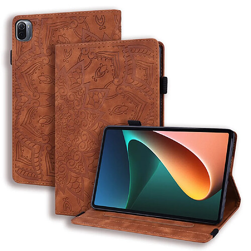 Etui en PU motif fleurs avec support et porte-cartes marron pour votre Xiaomi Pad 5/5 Pro