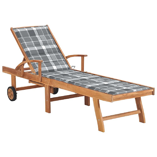 Maison Chic Chaise longue avec coussin | Bain de soleil Relax | Transat à carreaux gris Bois de teck solide -GKD49274