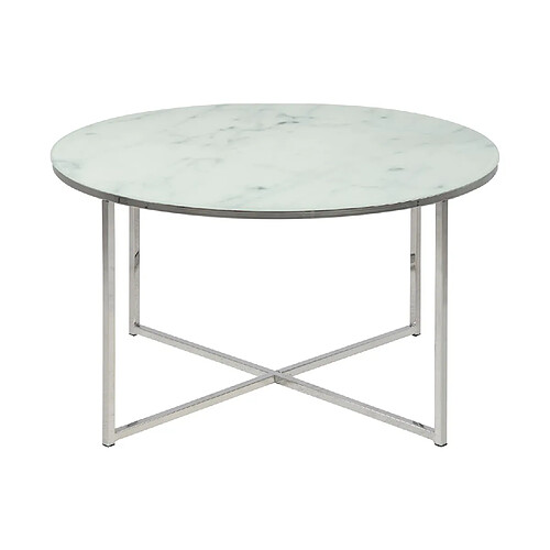 Toilinux Table basse ronde effet marbre en verre et métal - L.80 cm x H. 45 cm - Blanc