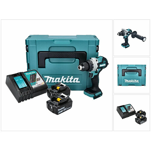 Makita DHP 486 RTJ Perceuse-visseuse à percussion sans fil 18 V 130 Nm Brushless + 2x Batteries 5.0 Ah + Chargeur + Coffret Makpac