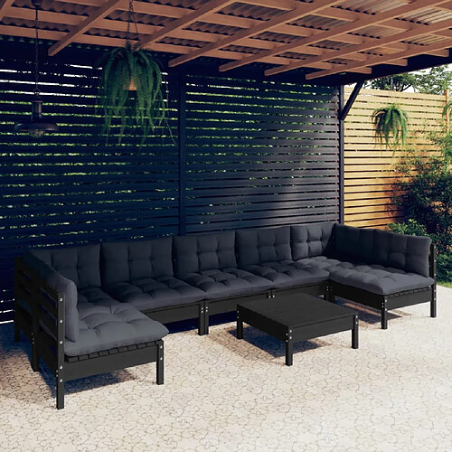 vidaXL Salon de jardin 8 pcs avec coussins Noir Bois de pin massif