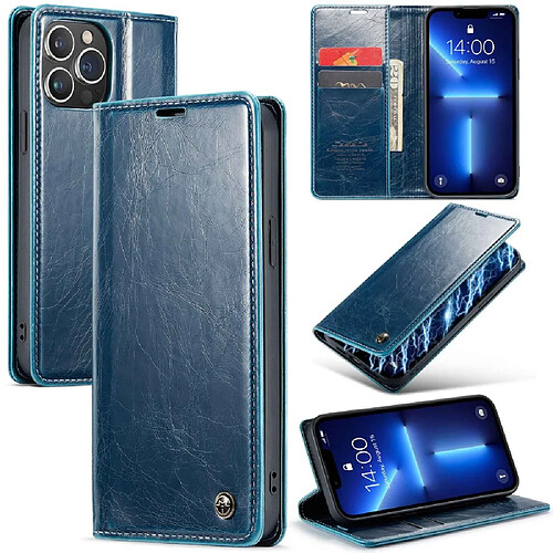 Etui en PU CASEME rétro texture cireuse, fermeture magnétique avec support pour votre iPhone 13 Pro Max 6.7 pouces - bleu