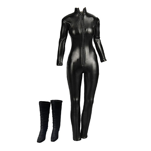 1/6 Echelle Sexy Combinaison Noire en Cuir PU avec Bottes Noir à Talon Hauts en Plastique Femme Vêtements pour Figurine Poupée 12 Pouces