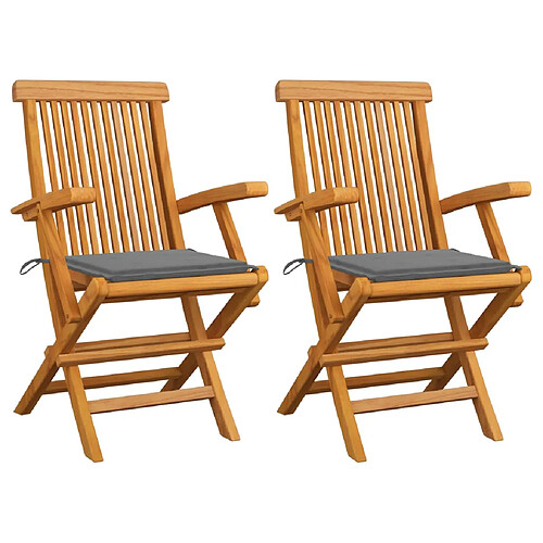 vidaXL Chaises de jardin avec coussins gris lot de 2 Bois teck massif