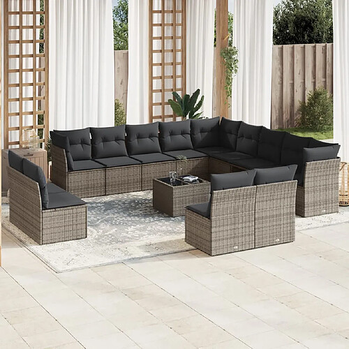 vidaXL Salon de jardin avec coussins 14 pcs gris résine tressée