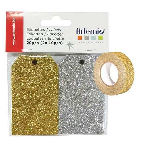 Youdoit 20 étiquettes à paillettes dorées & argentées + masking tape doré à paillettes 5 m