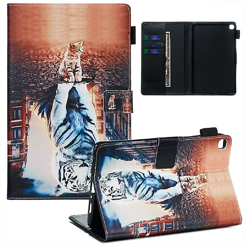 Etui en PU impression de modèle avec support chat et reflet dans l'eau pour votre Samsung Galaxy Tab A 8.0 (2019) with S Pen SM-P200/P205