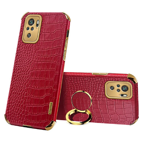 Coque en TPU + PU Découpage précis de texture de crocodile de galvanoplastie avec le support d'anneau rouge pour votre Xiaomi Redmi Note 10 4G/Redmi Note 10S