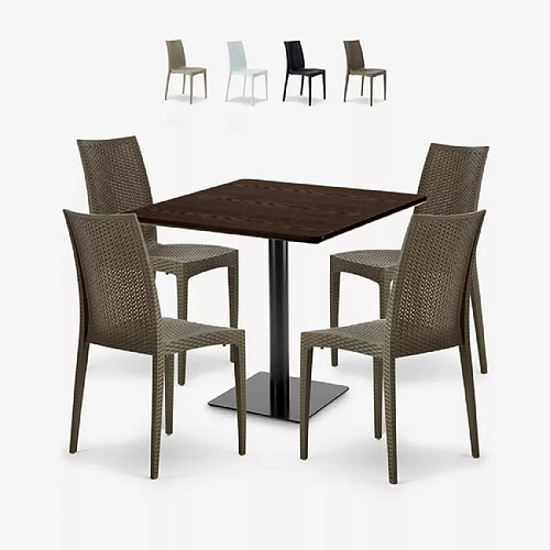 Grand Soleil Ensemble Table Bois 90x90cm Horeca et 4 Chaises Empilables Poly RotinBar Restaurant Café Barrett - Marron